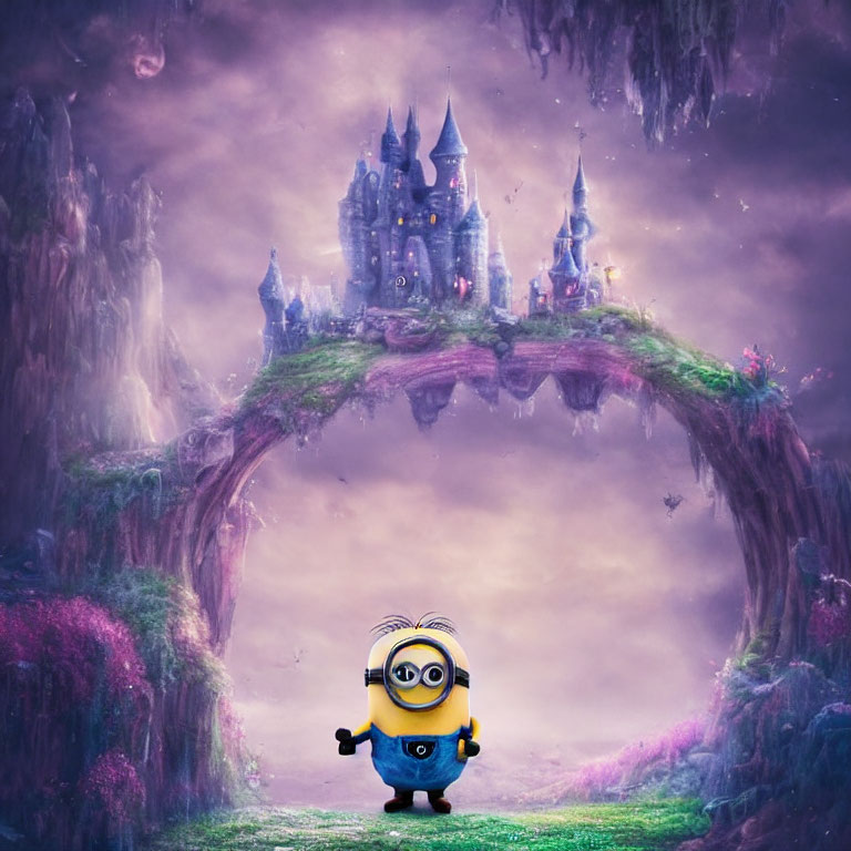 Whimsical castle scene with Minion and mystical sky