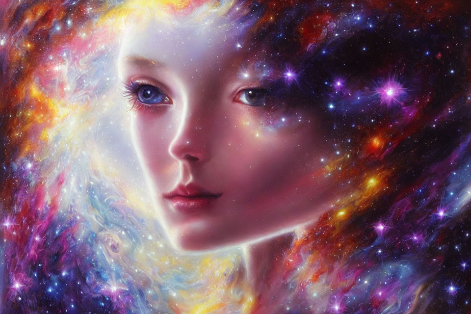 Woman's face merges with cosmic nebula in surreal portrait
