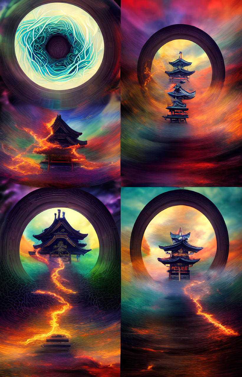 Vibrant digital artworks: Asian pagodas in fantastical portals