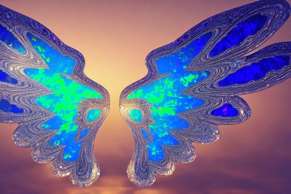 Colorful Butterfly-Shaped Fractal in Blue and Purple on Orange Sky