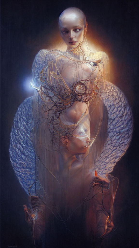 Surreal artwork: Bald humanoid figures with ethereal wings intertwined