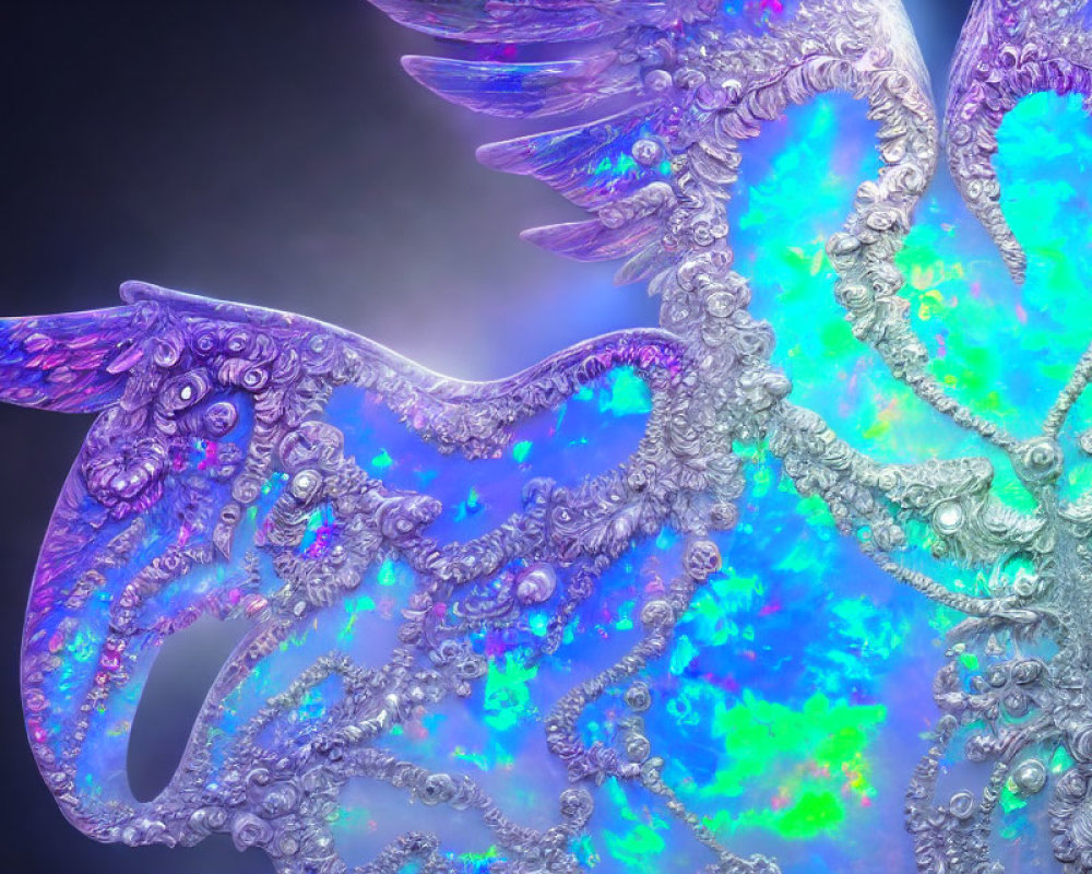 Colorful abstract art with iridescent feather and wing-like structures in blues, purples,