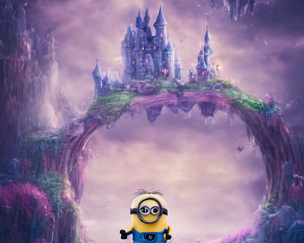 Whimsical castle scene with Minion and mystical sky