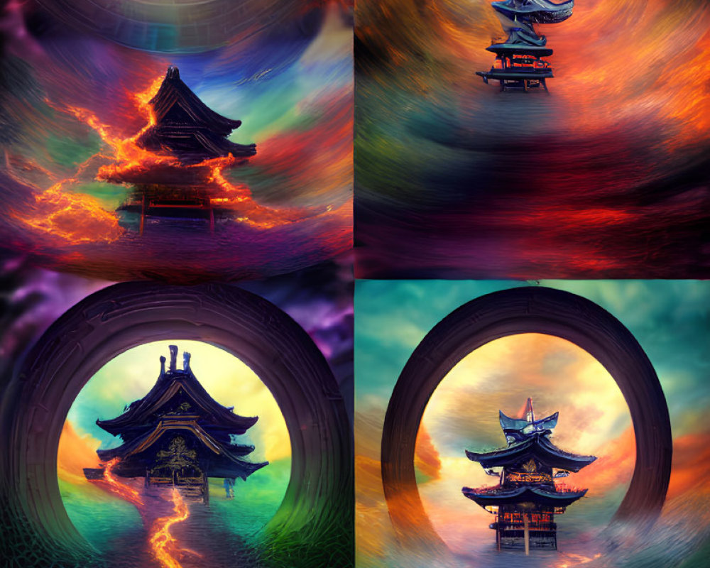 Vibrant digital artworks: Asian pagodas in fantastical portals