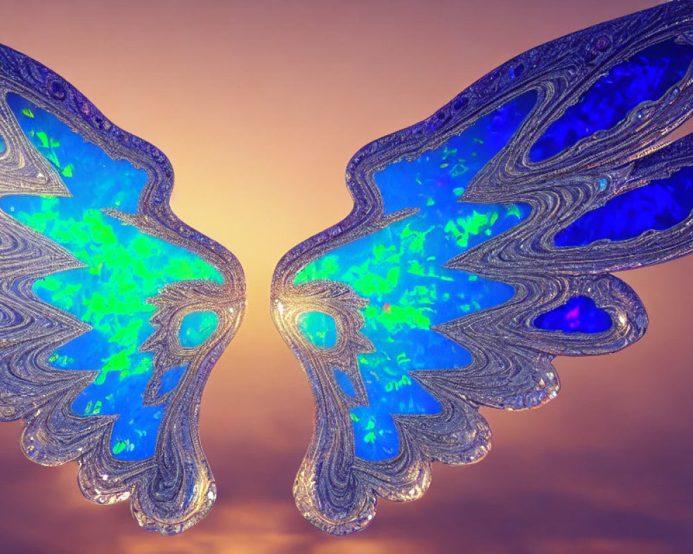 Colorful Butterfly-Shaped Fractal in Blue and Purple on Orange Sky