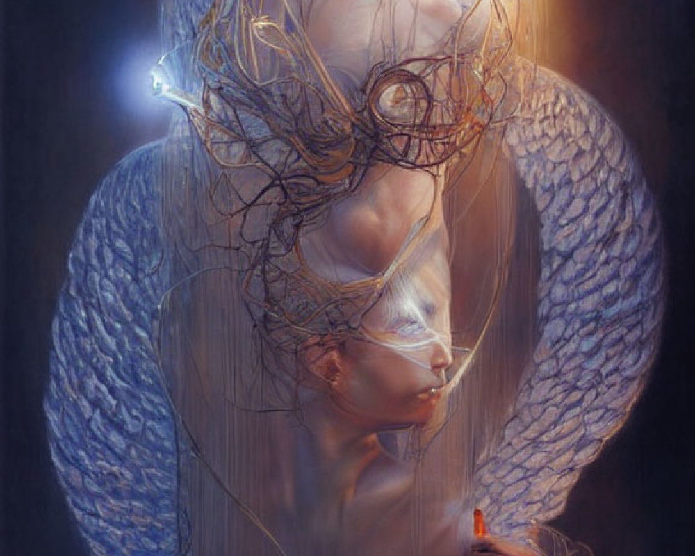 Surreal artwork: Bald humanoid figures with ethereal wings intertwined