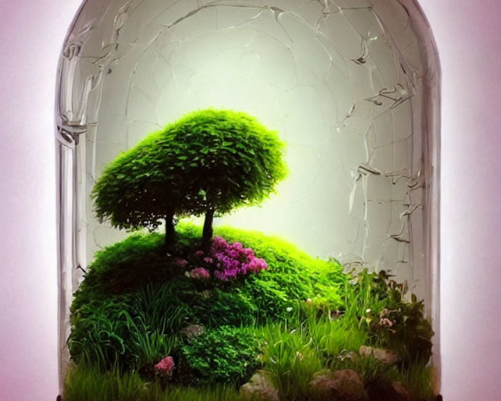 Lush green tree and vibrant bushes in illuminated terrarium