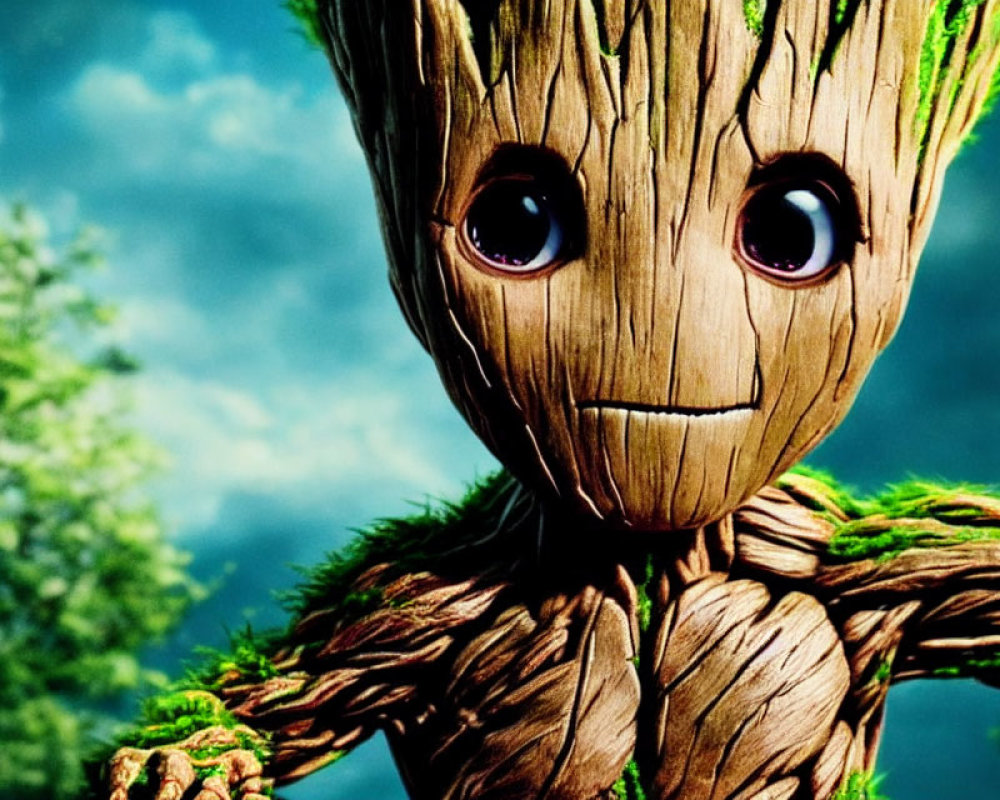 Close-up of friendly tree-like creature with big eyes and wooden skin