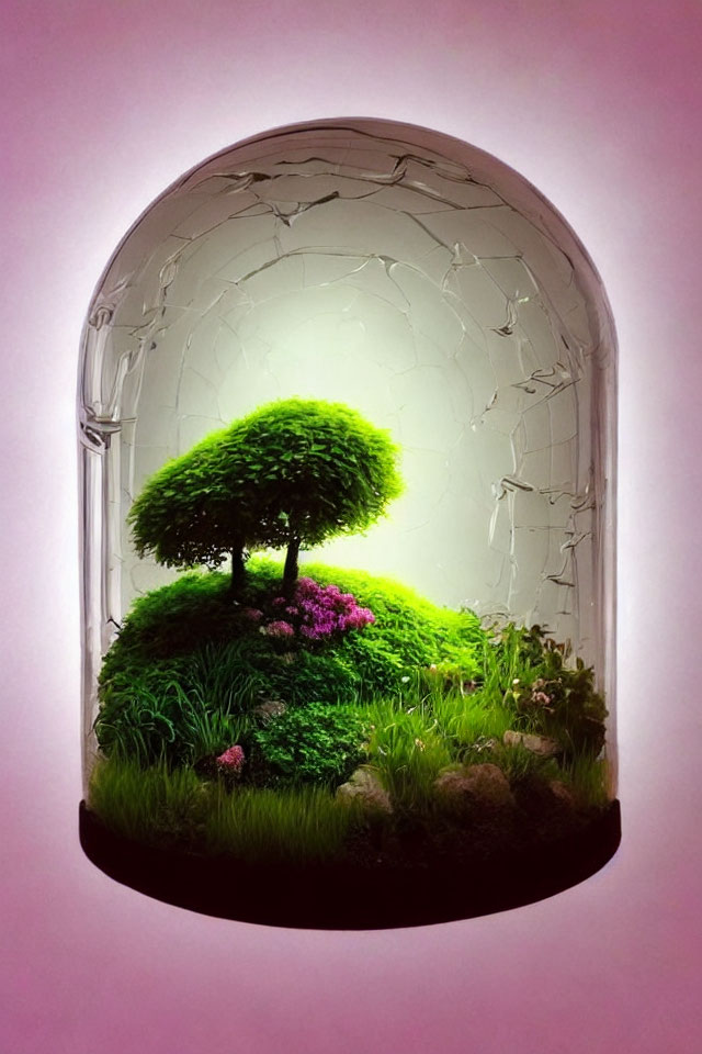 Lush green tree and vibrant bushes in illuminated terrarium