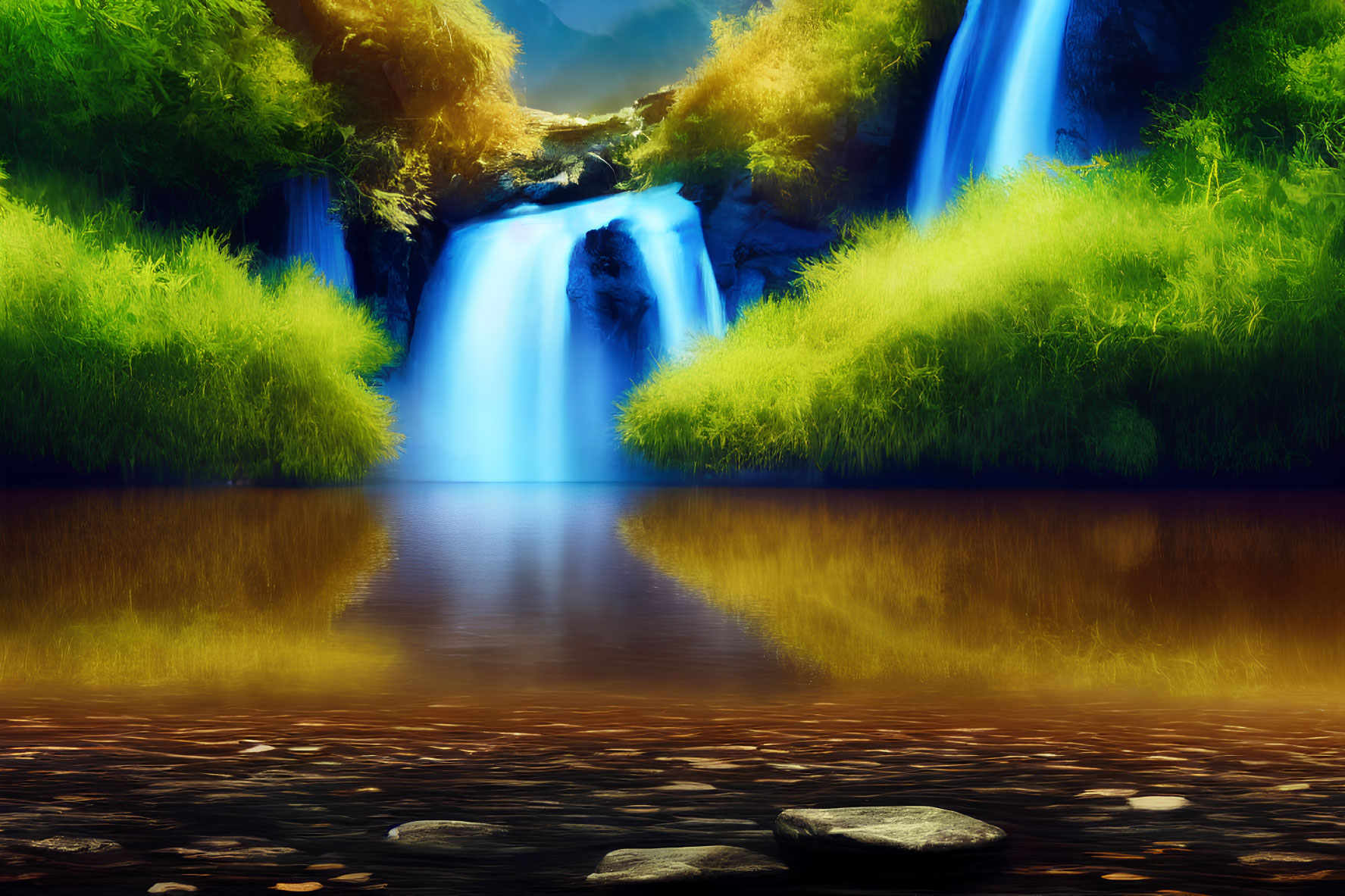 Tranquil waterfall with blue water, green foliage, and sunny sky