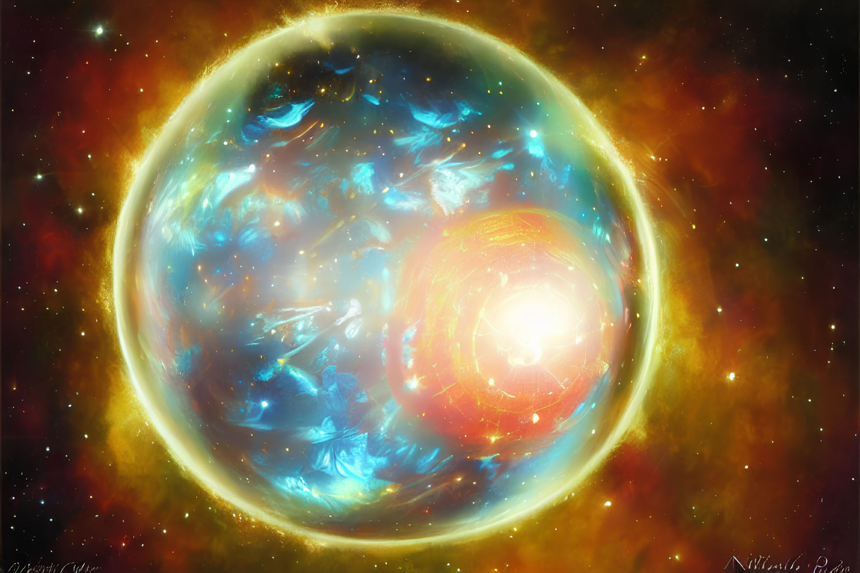 Celestial digital artwork with radiant sun-like sphere and cosmic colors