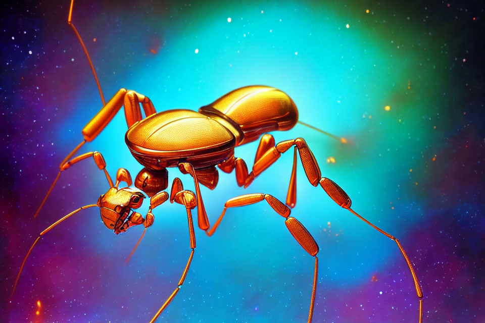 Digital Art: Golden Exoskeleton Ant in Cosmic Background