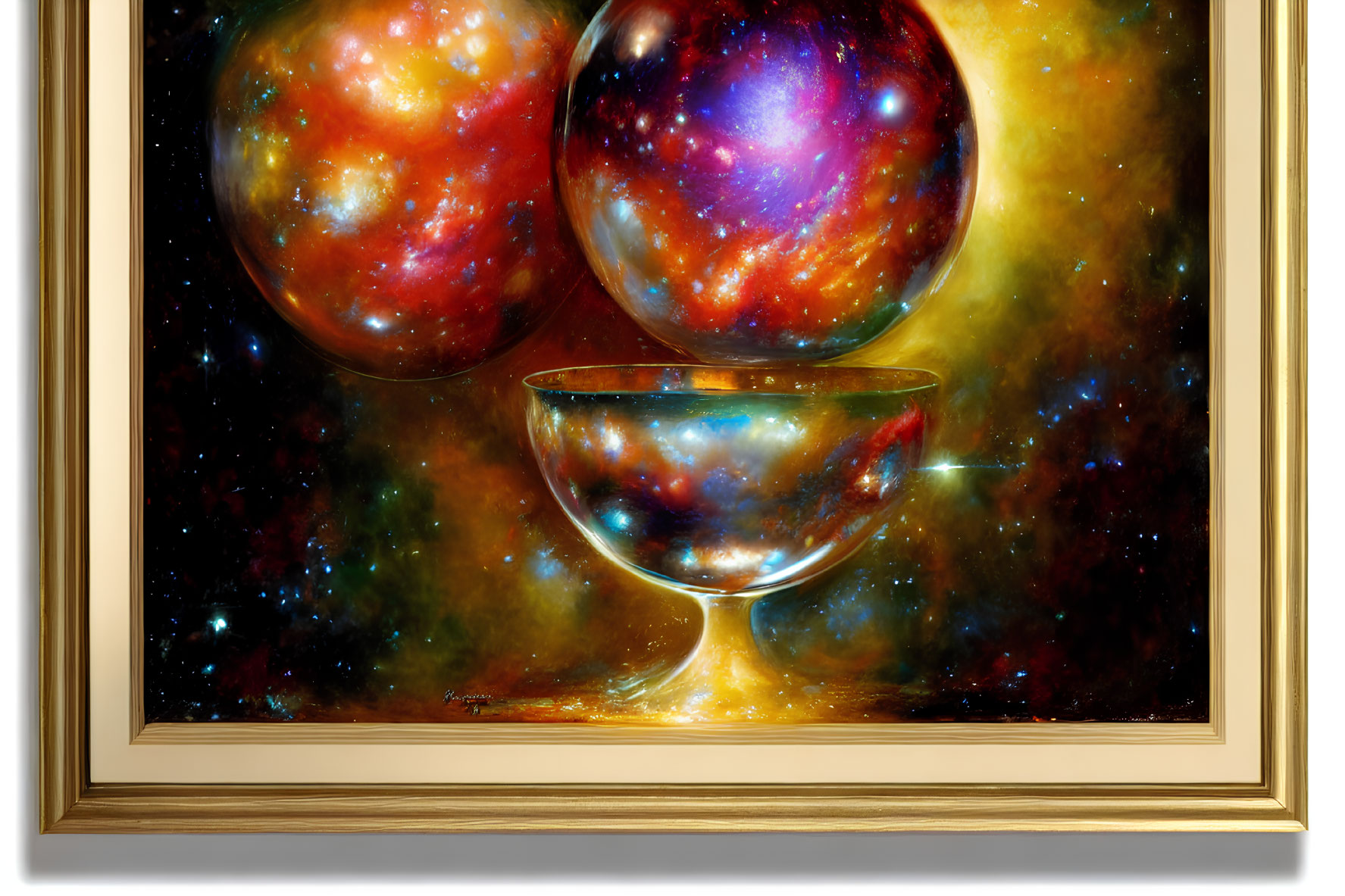 Cosmic painting with swirling galaxies above glass bowl