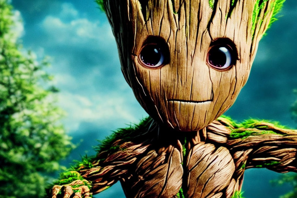 Close-up of friendly tree-like creature with big eyes and wooden skin