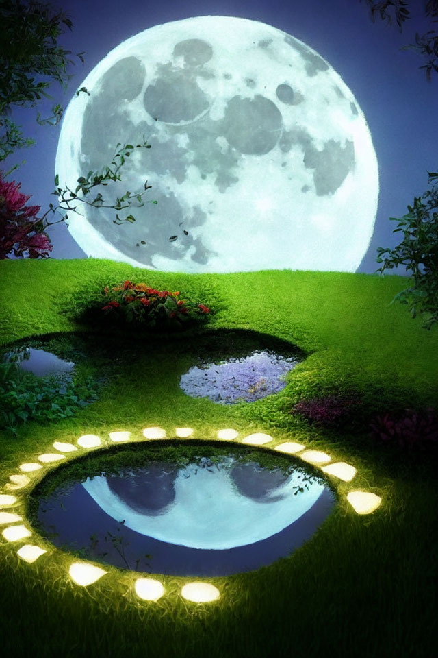 Whimsical night scene with full moon, footpath, pond, and greenery