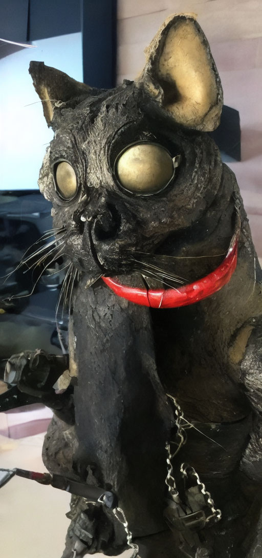 Sculpted black cat with golden eyes, red collar, and humanoid posture