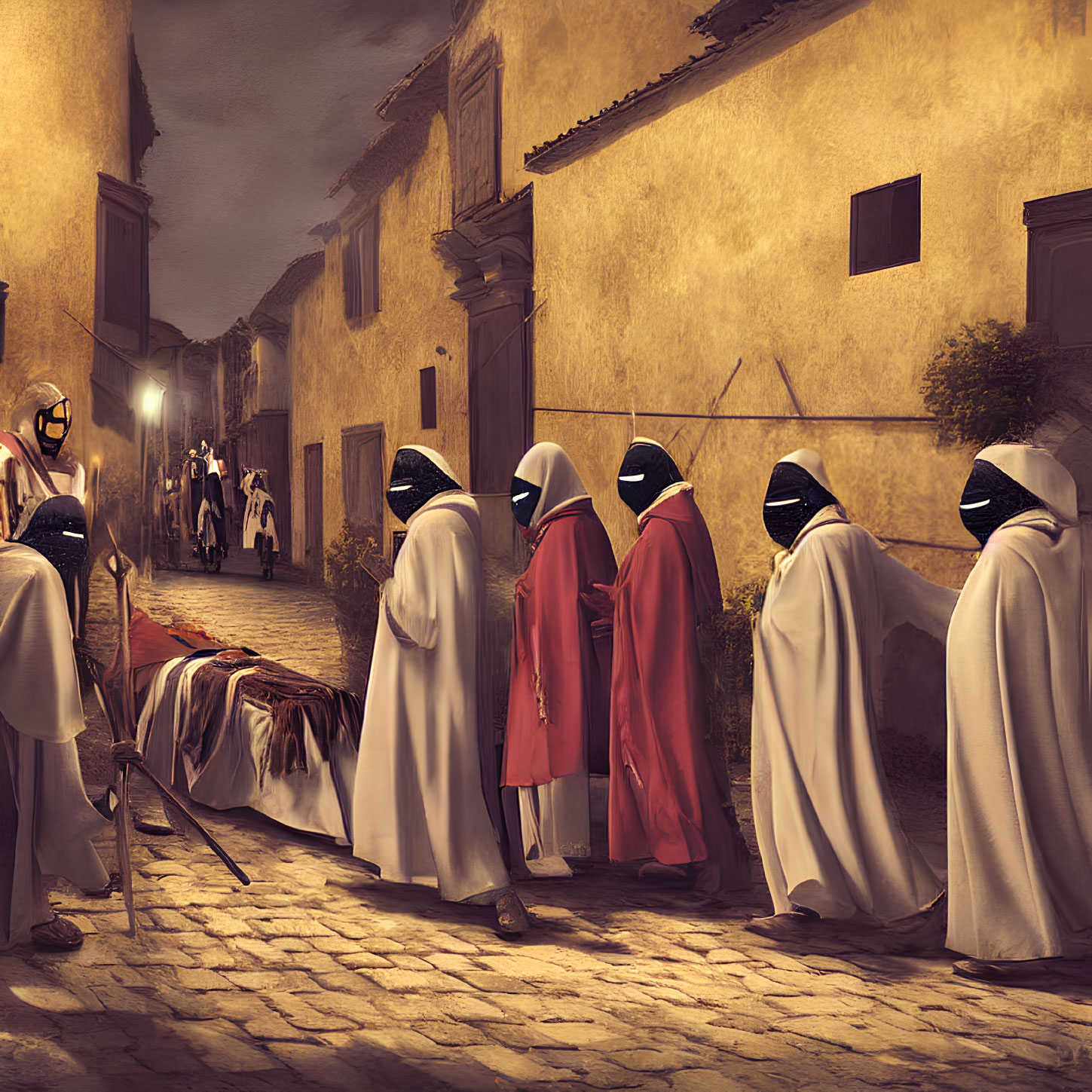 Hooded Figures with Torches in Historic Village at Night