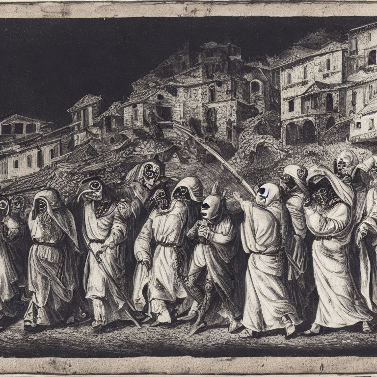 Hooded Figures in Robes with Sticks in Dark Townscape