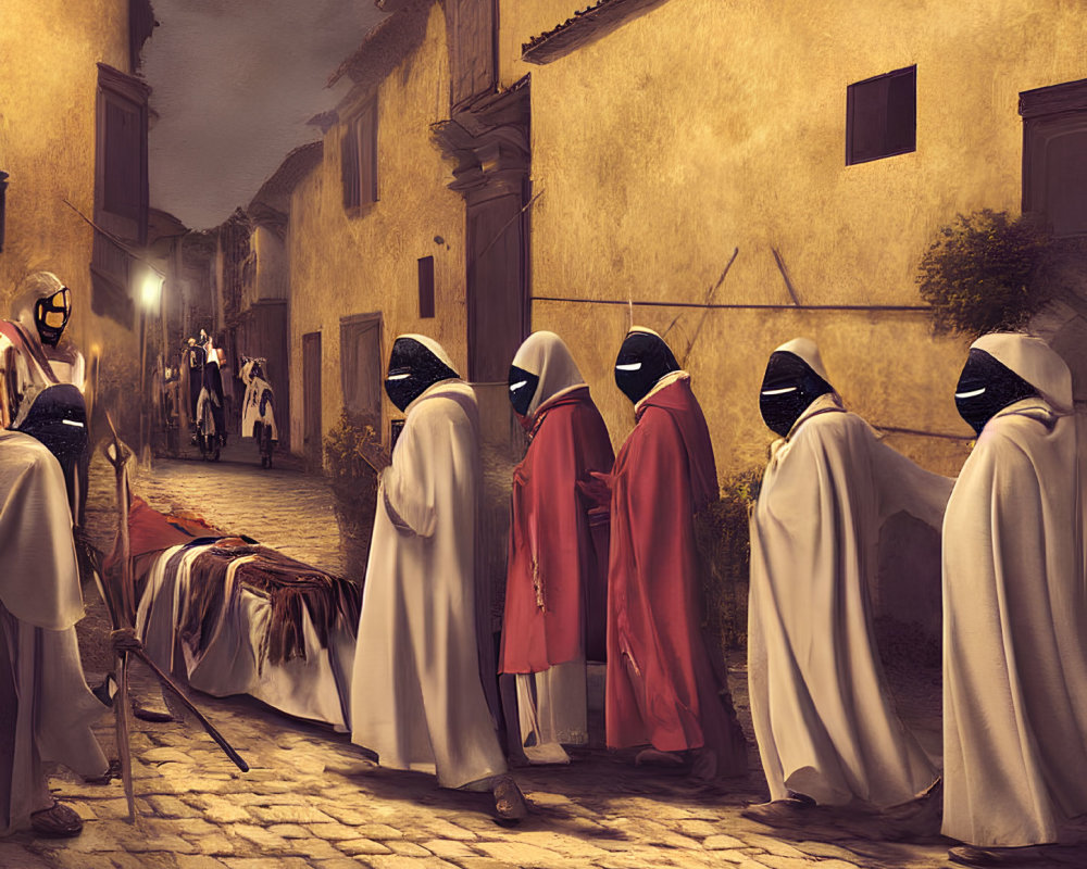 Hooded Figures with Torches in Historic Village at Night