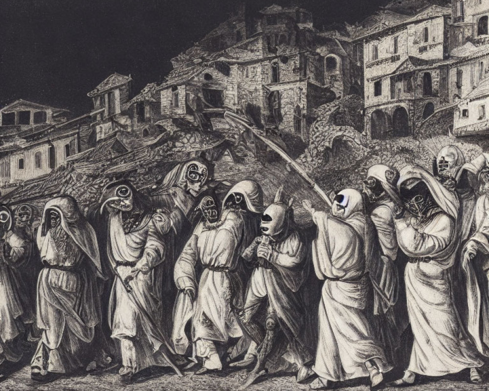 Hooded Figures in Robes with Sticks in Dark Townscape