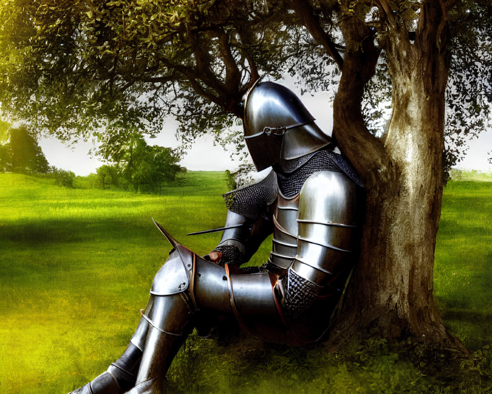 Knight in Full Armor Resting Against Tree in Tranquil Meadow