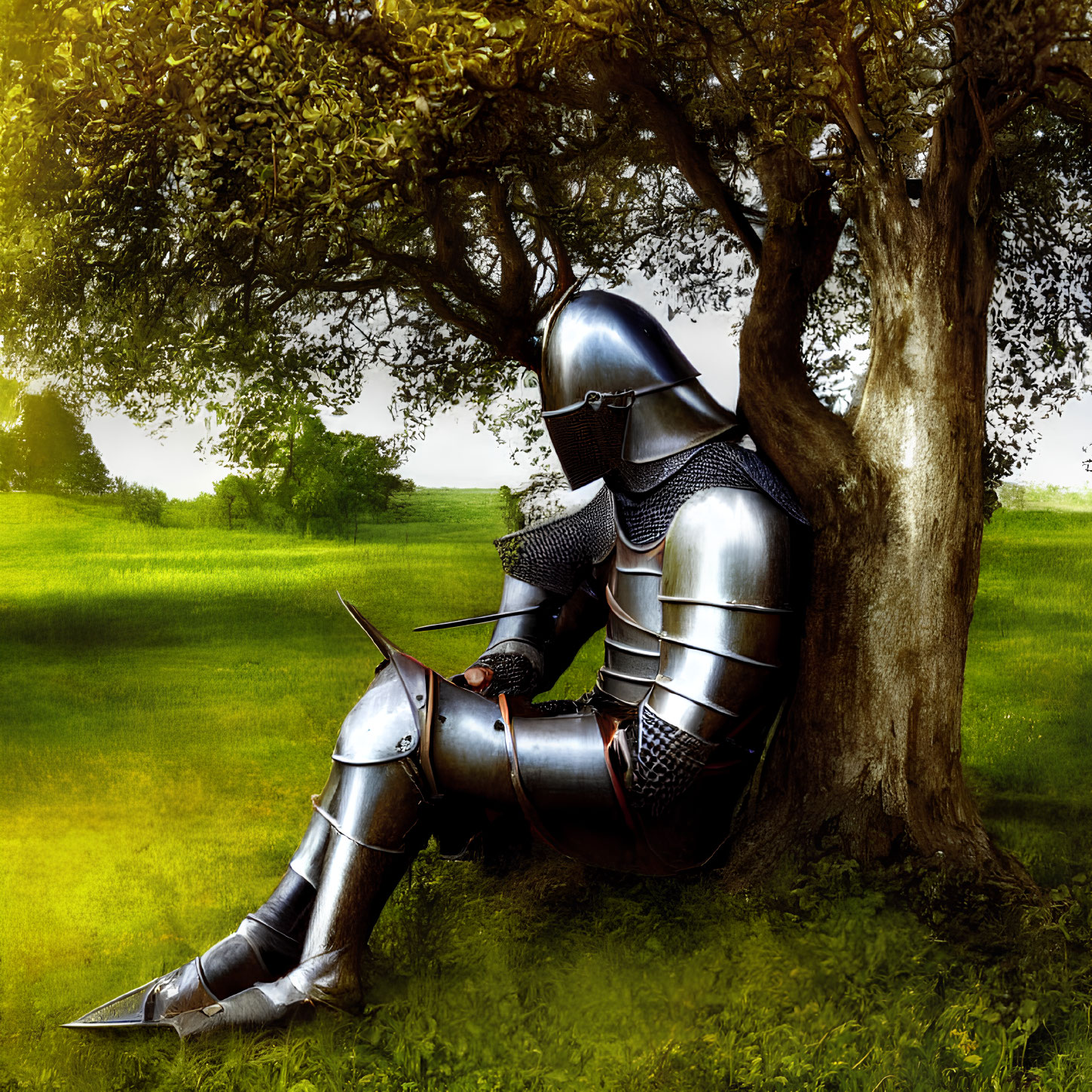 Knight in Full Armor Resting Against Tree in Tranquil Meadow