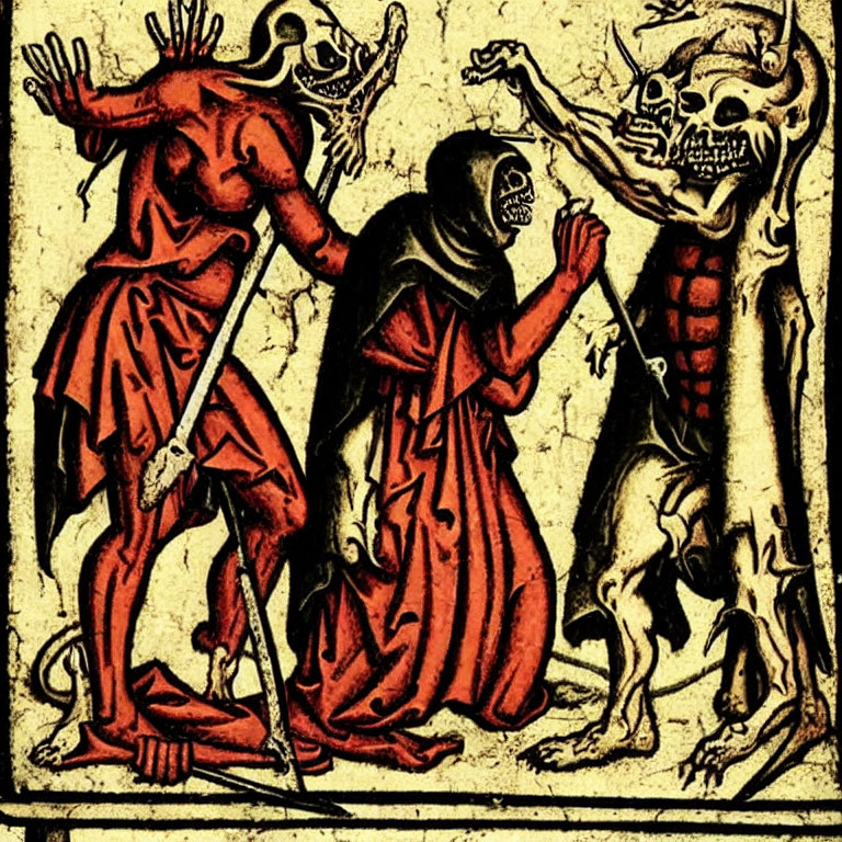 Medieval woodcut of three skeletal figures in red robes with a scythe