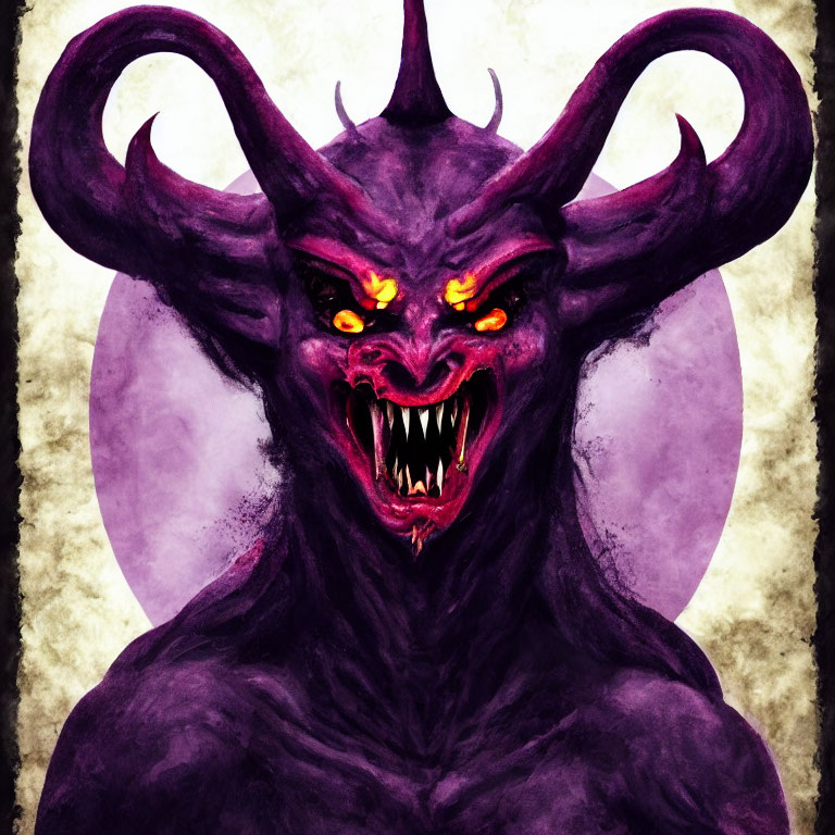 Purple demon with red eyes, fangs, and horns on textured background