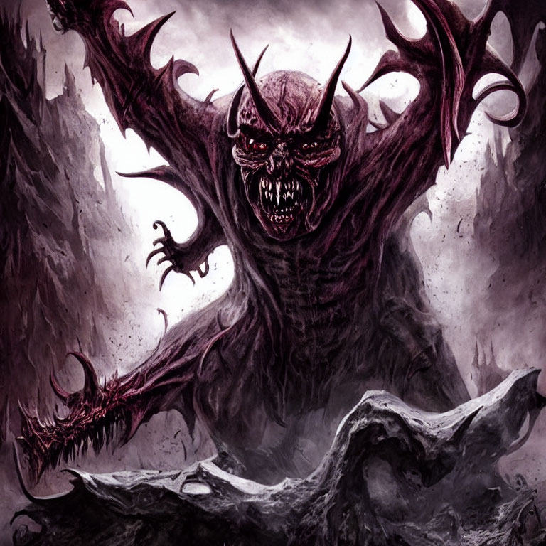 Fantasy illustration of menacing creature with horns and red eyes