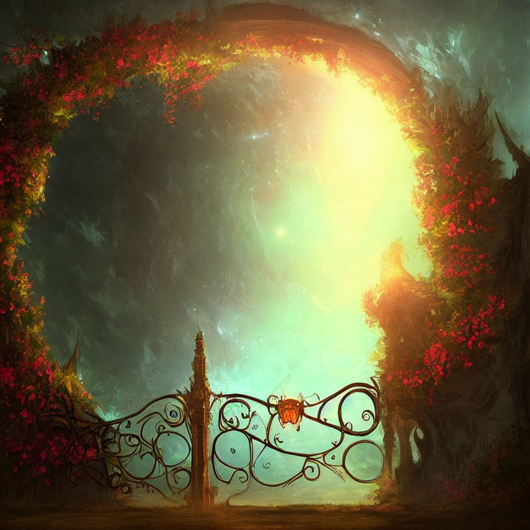 Ornate gate surrounded by giant red trees and glowing light