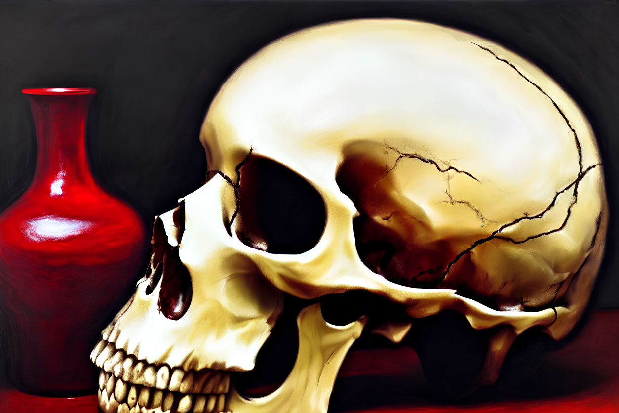 Human skull with visible crack next to red vase on dark background