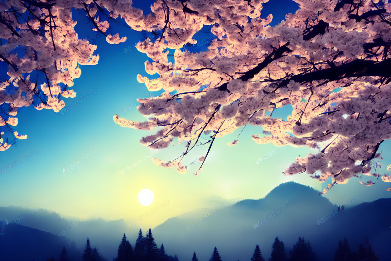 Cherry Blossoms Surrounding Sunset Sky and Silhouetted Mountains