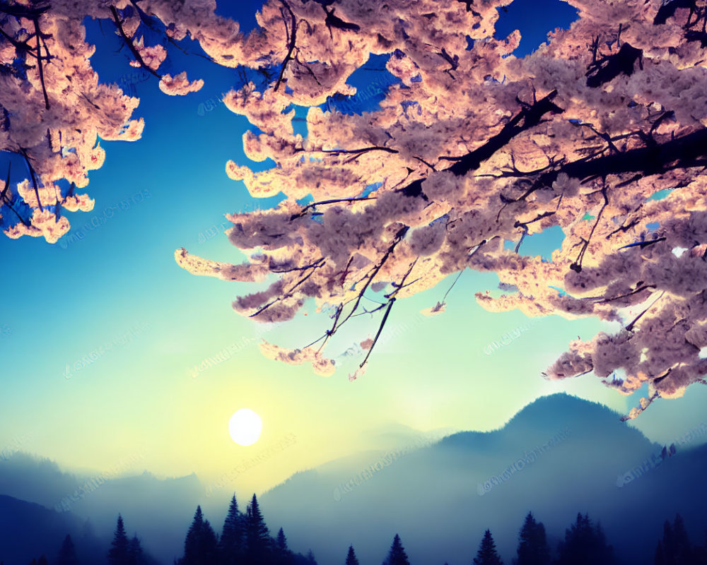 Cherry Blossoms Surrounding Sunset Sky and Silhouetted Mountains