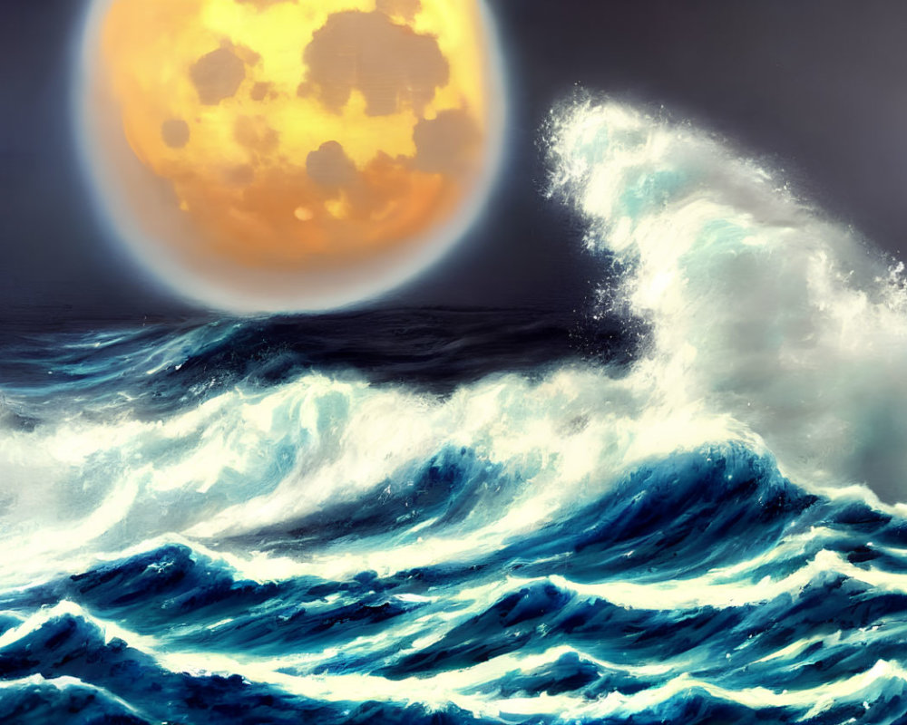 Dynamic ocean scene with towering waves under full yellow moon