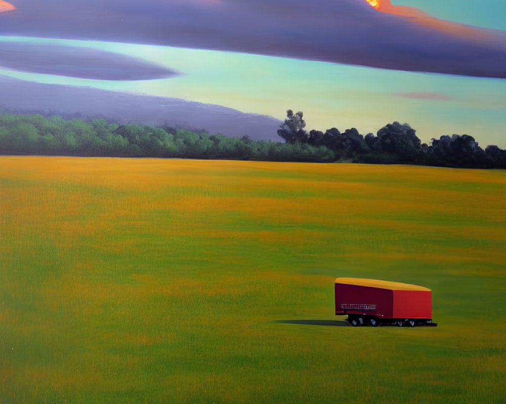 Colorful landscape painting with red trailer in green field and purple clouds.