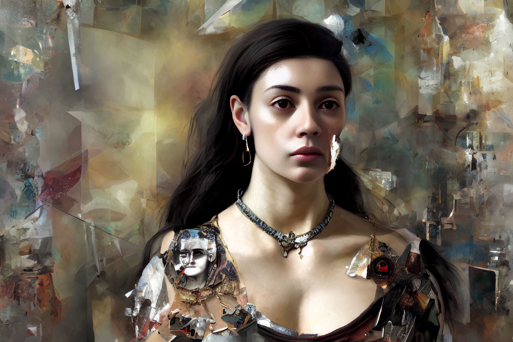 Photorealistic portrait with abstract background and blend of classical and futuristic attire