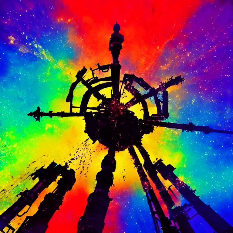 Abstract Circular Structure Silhouette on Colorful Cosmic Background