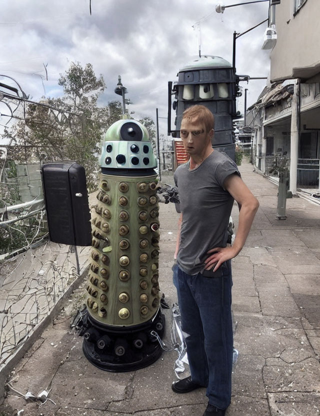 Man beside Dalek robot on street under overcast skies