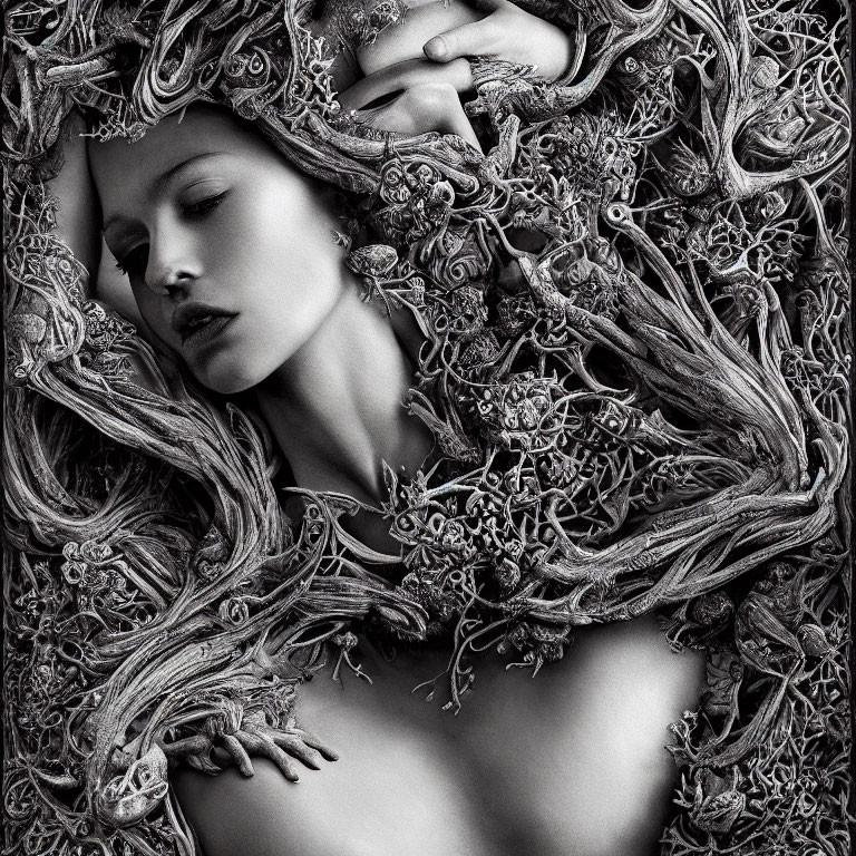 Monochromatic image of woman in intricate vine-like frame