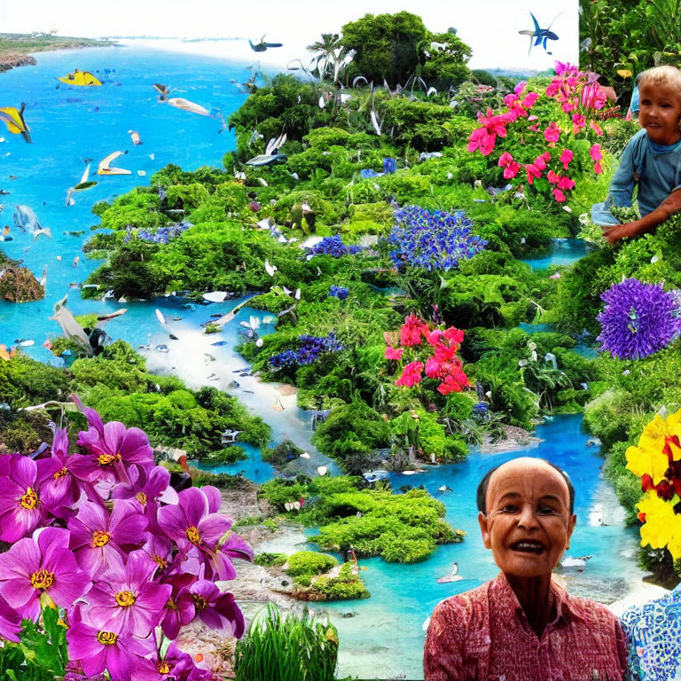 Colorful underwater scene with fish, child, greenery, and elderly person with flowers