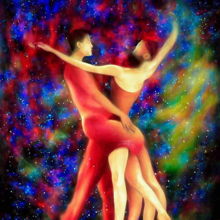 Silhouetted figures dancing in vibrant cosmic background