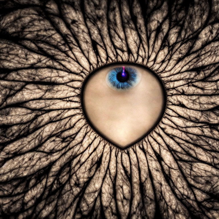 Heart-shaped silhouette with vibrant blue eye and intricate brown patterns.