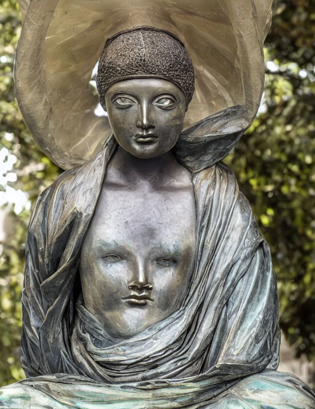 Stylized bronze sculpture of serene woman with halo headpiece, draped garment, against green foliage