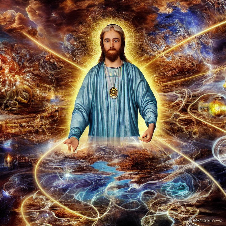 Digital Art: Ethereal Jesus Figure with Celestial and Cosmic Elements