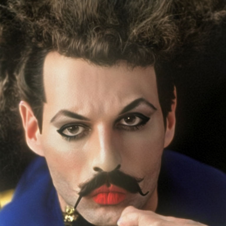 Dramatic makeup with faux mustache, intense gaze, styled hair, colorful attire