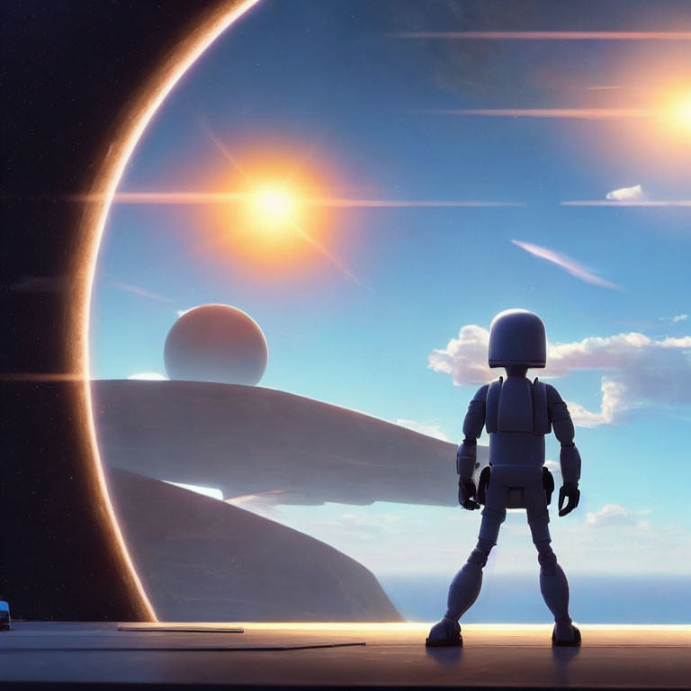 Stylized astronaut admires surreal sunset with ringed planet and moon