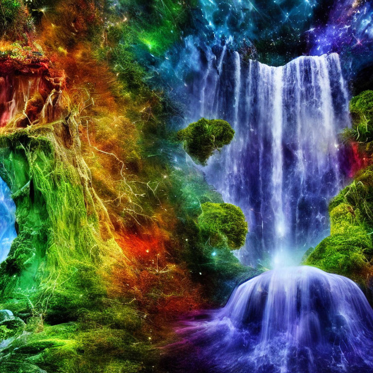 Digitally altered waterfall with vivid colors among lush foliage