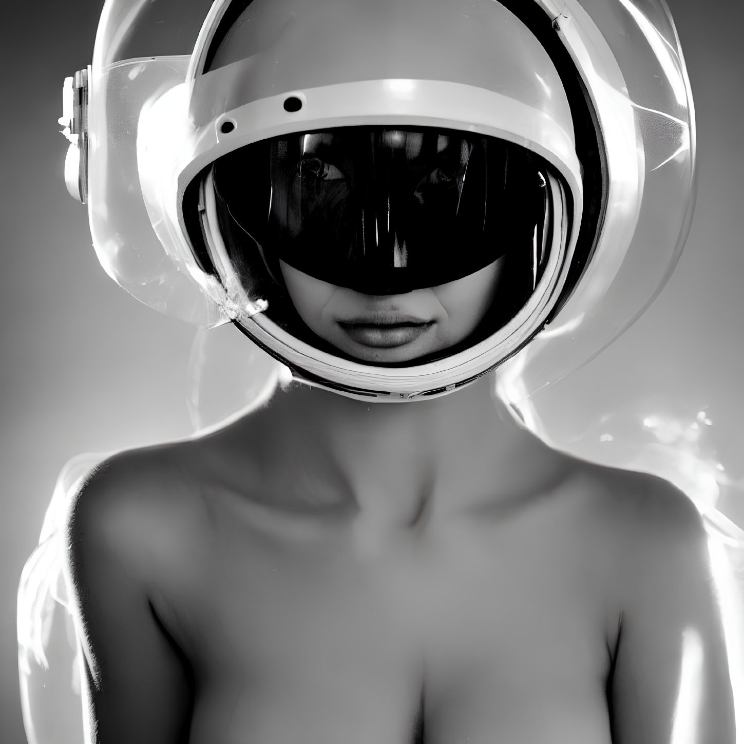 Grayscale image of person in futuristic helmet with dark visor