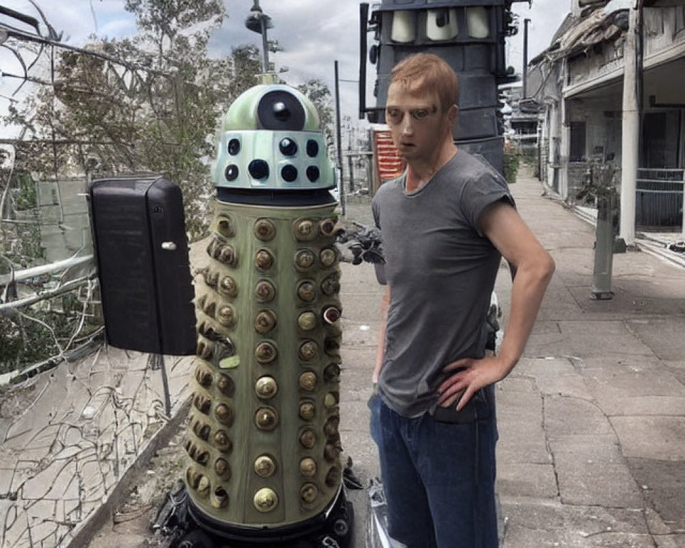 Man beside Dalek robot on street under overcast skies