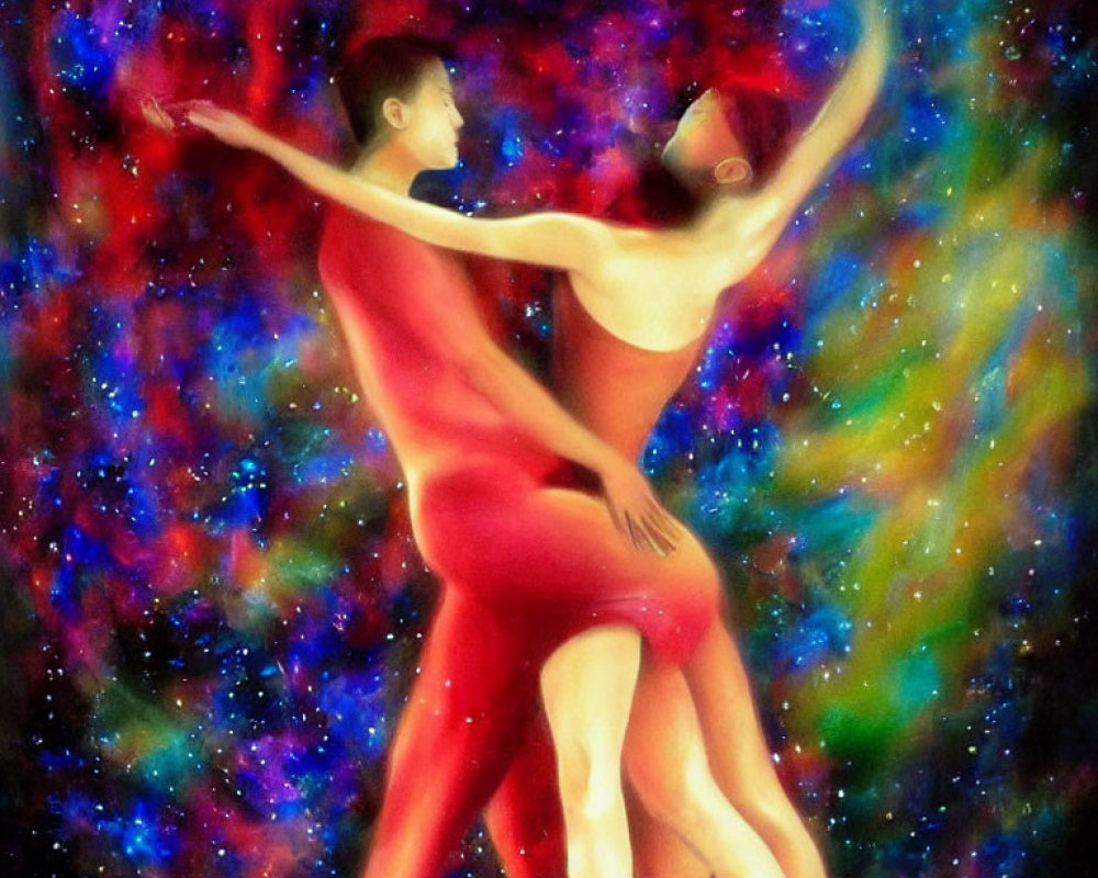 Silhouetted figures dancing in vibrant cosmic background